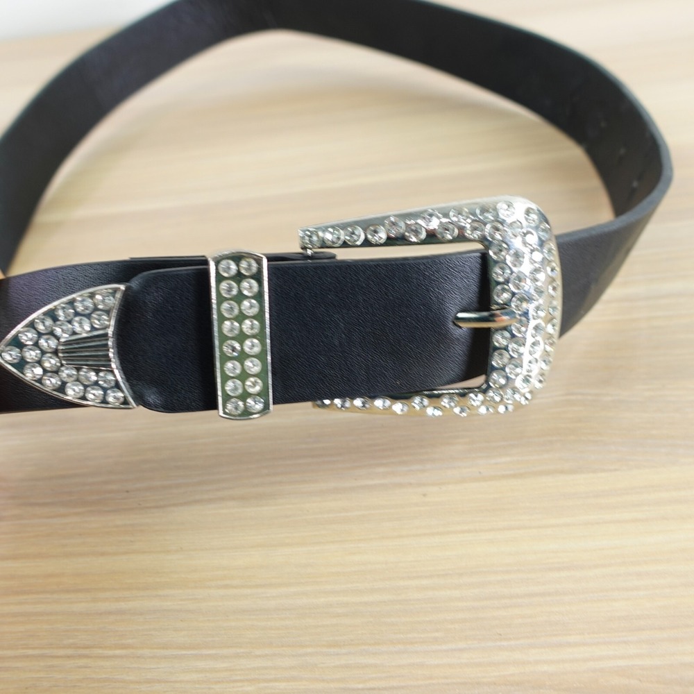 Chunky Western Belt Women S Black Leather Rhinestone Studded Buckle Cowgirl Faux